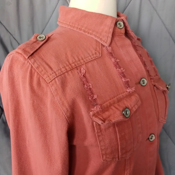 Women's Nadasha Rust Colored Denim Jean Jacket Distressed Button up Collared - Picture 2 of 16